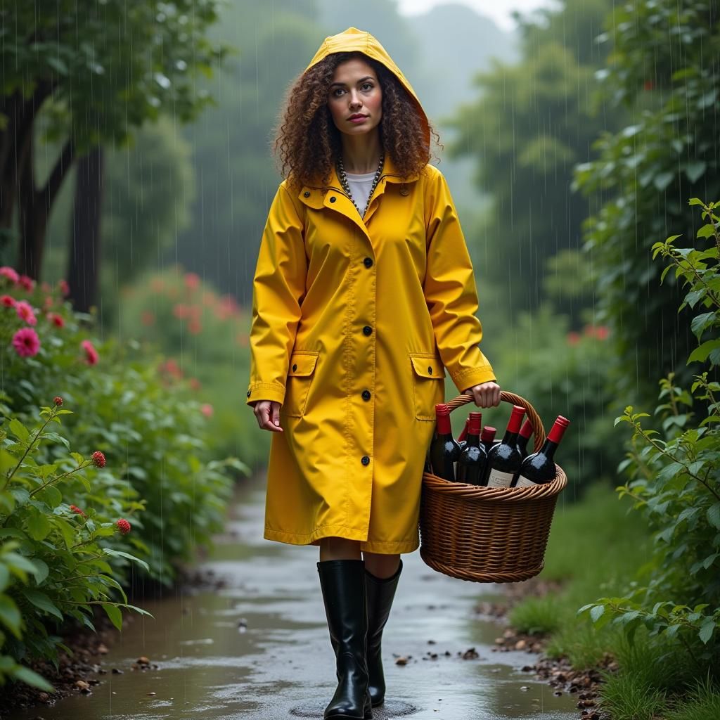 Woman in Yellow Raincoat in Garden, Hyperrealistic Style