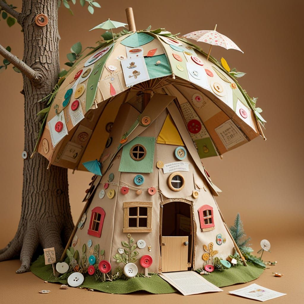 Whimsical Childhood Treehouse Scene in Folk Art Style