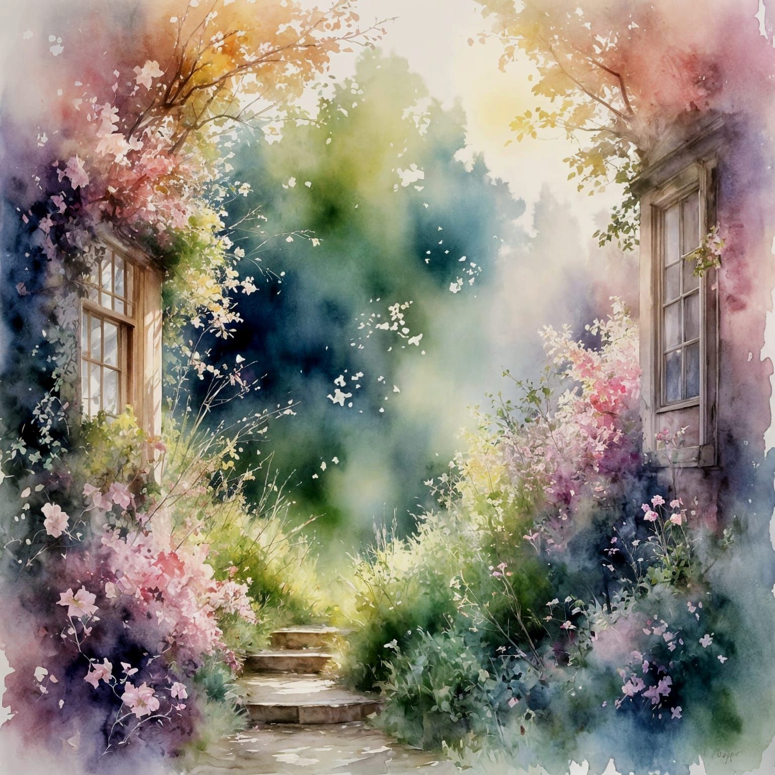 Whimsical English Cottage Garden in Watercolour Style