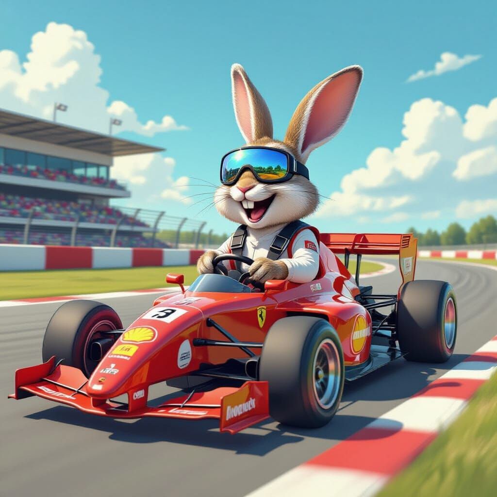 Laughing Rabbit Races a Red Car