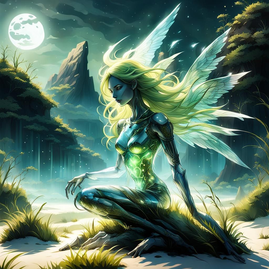 Ethereal Glass Figure in Luminous Oceanic Dreamscape