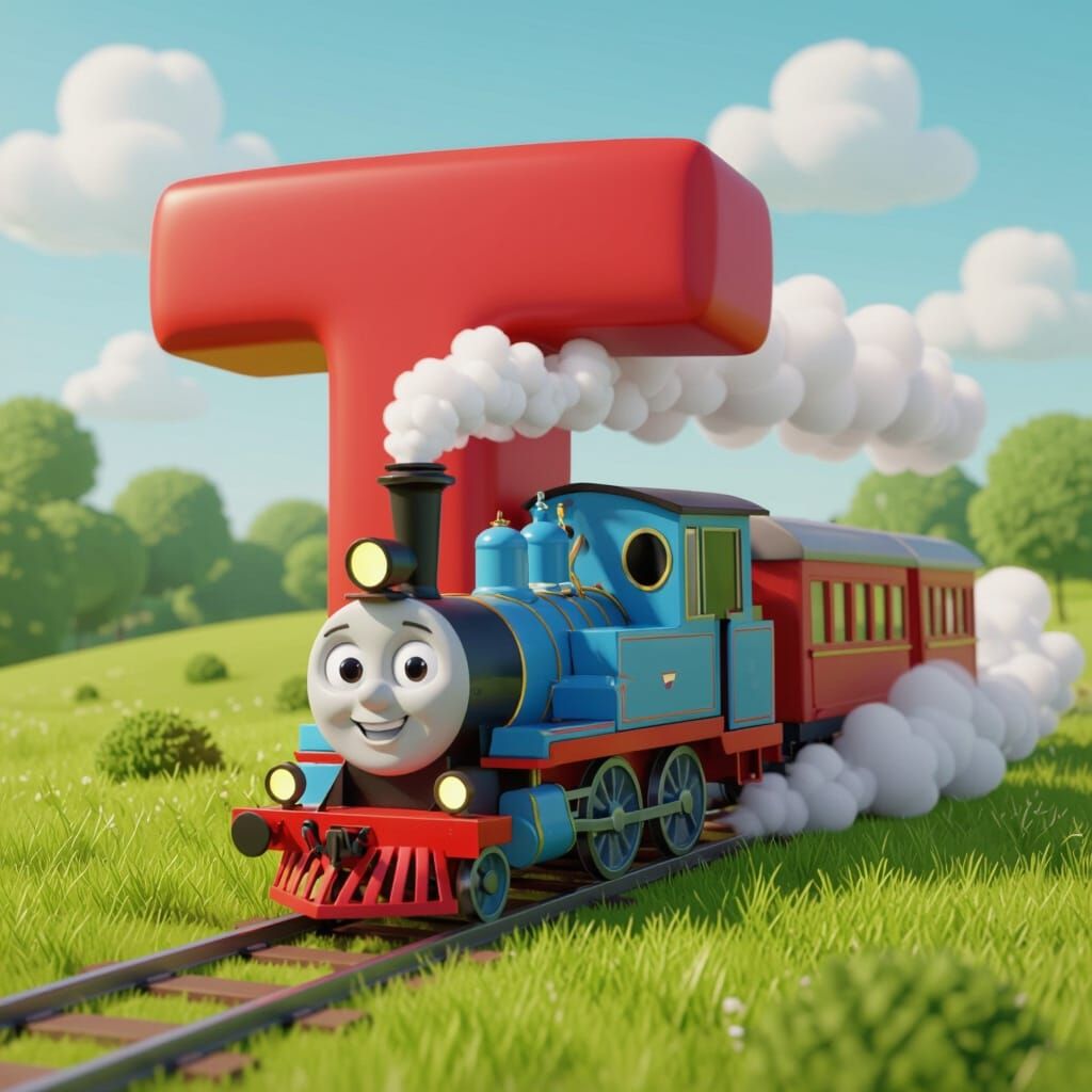 Cartoon Train on Letter T in Pixar Style