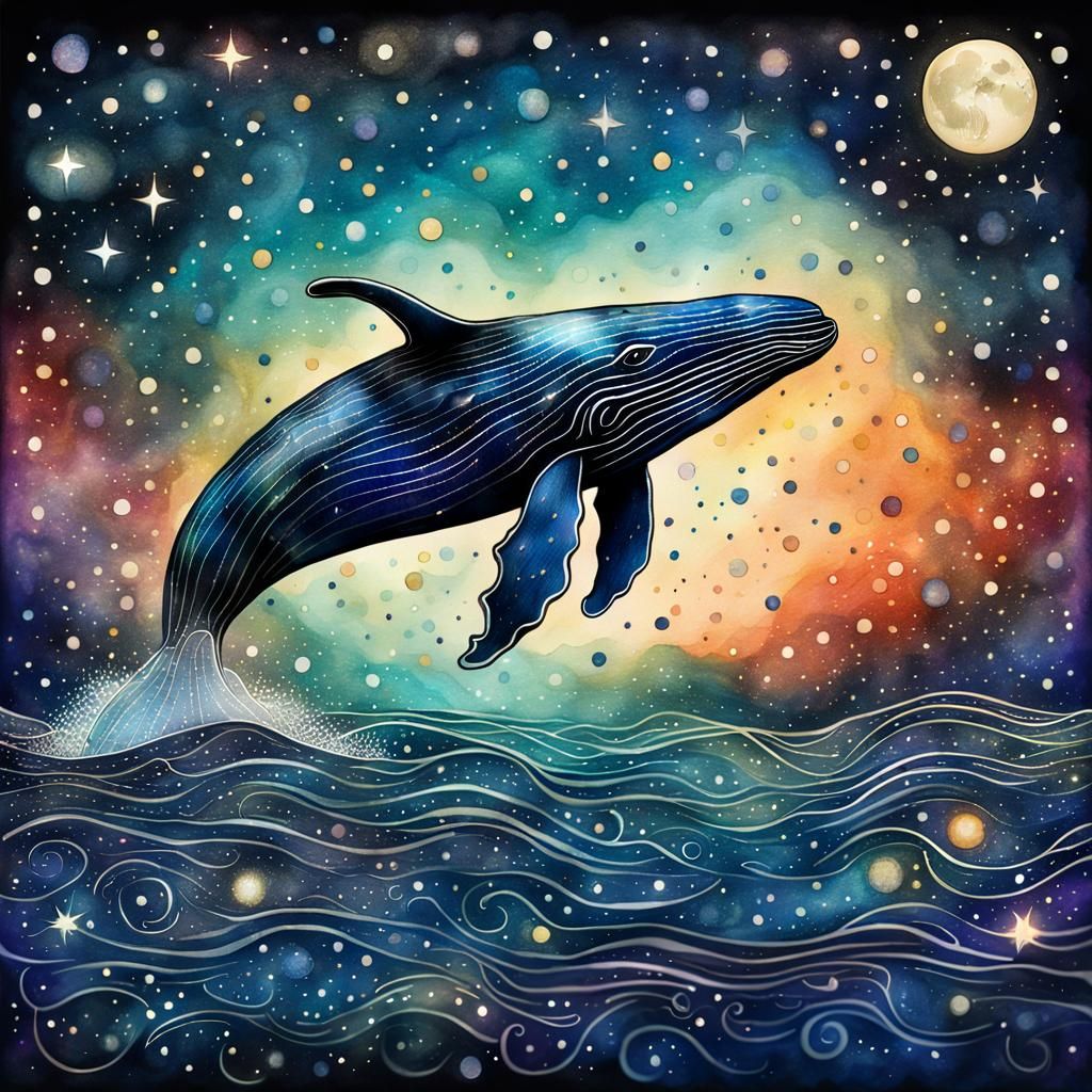 Whale in Starry Ocean: Liquid Ink Watercolor Art