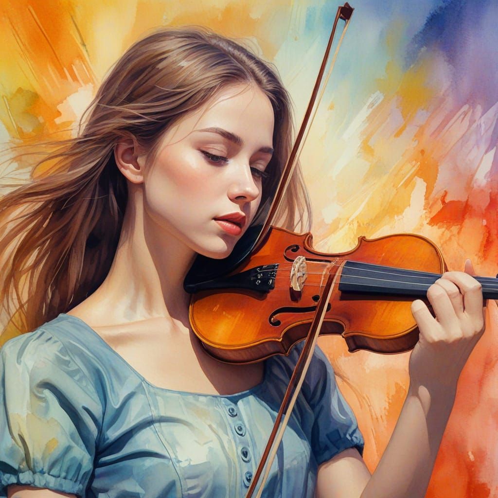 Surreal Watercolor Portrait of Girl Playing Violin