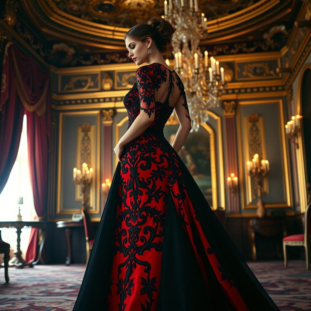 Woman in Red Gown in Lavish Ballroom