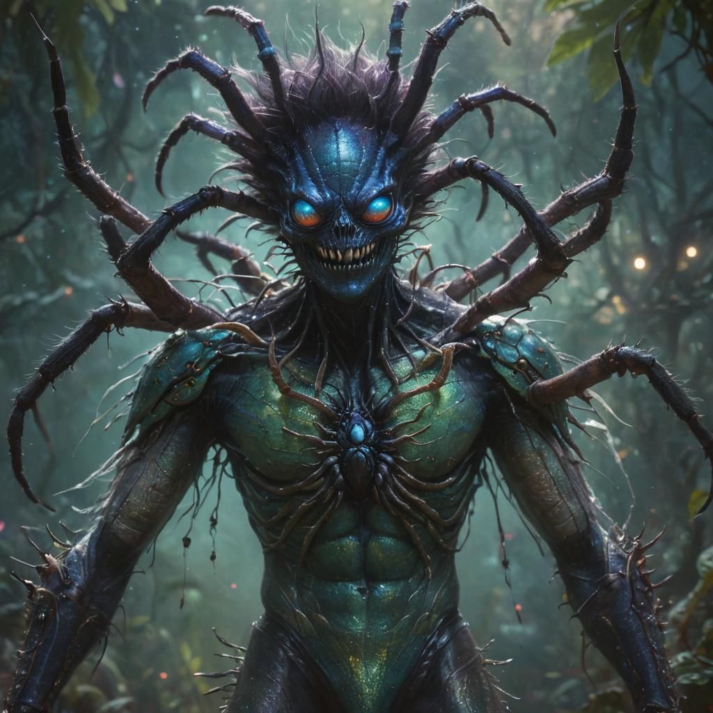 Ethereal Fantasy Humanoid Spider with Bioluminescent Details