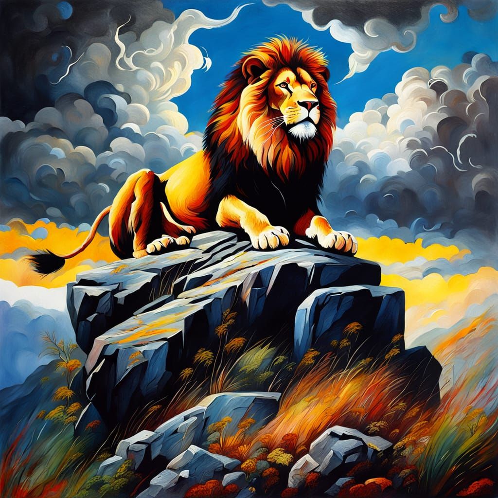 Lion on Rocky Cliffs in Oil Painting Style