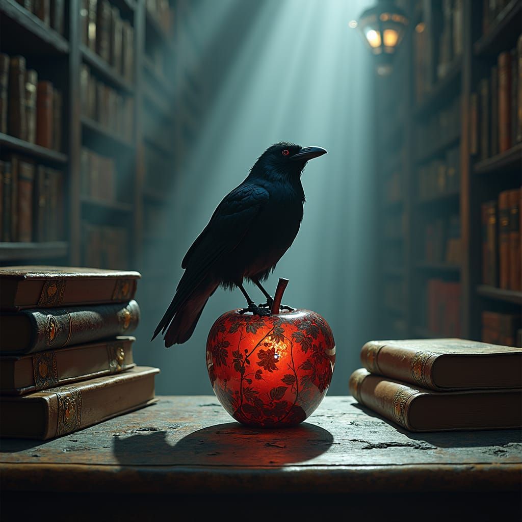 Raven in Glass Apple with Ancient Books