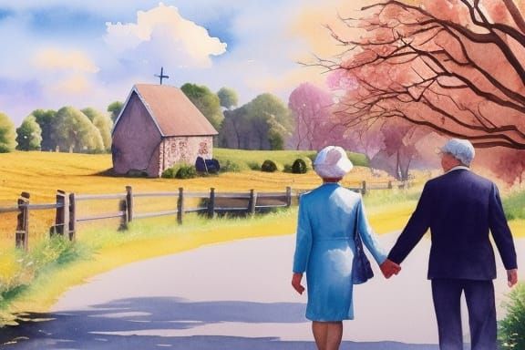 Elderly Couple Walking in English Countryside Watercolor