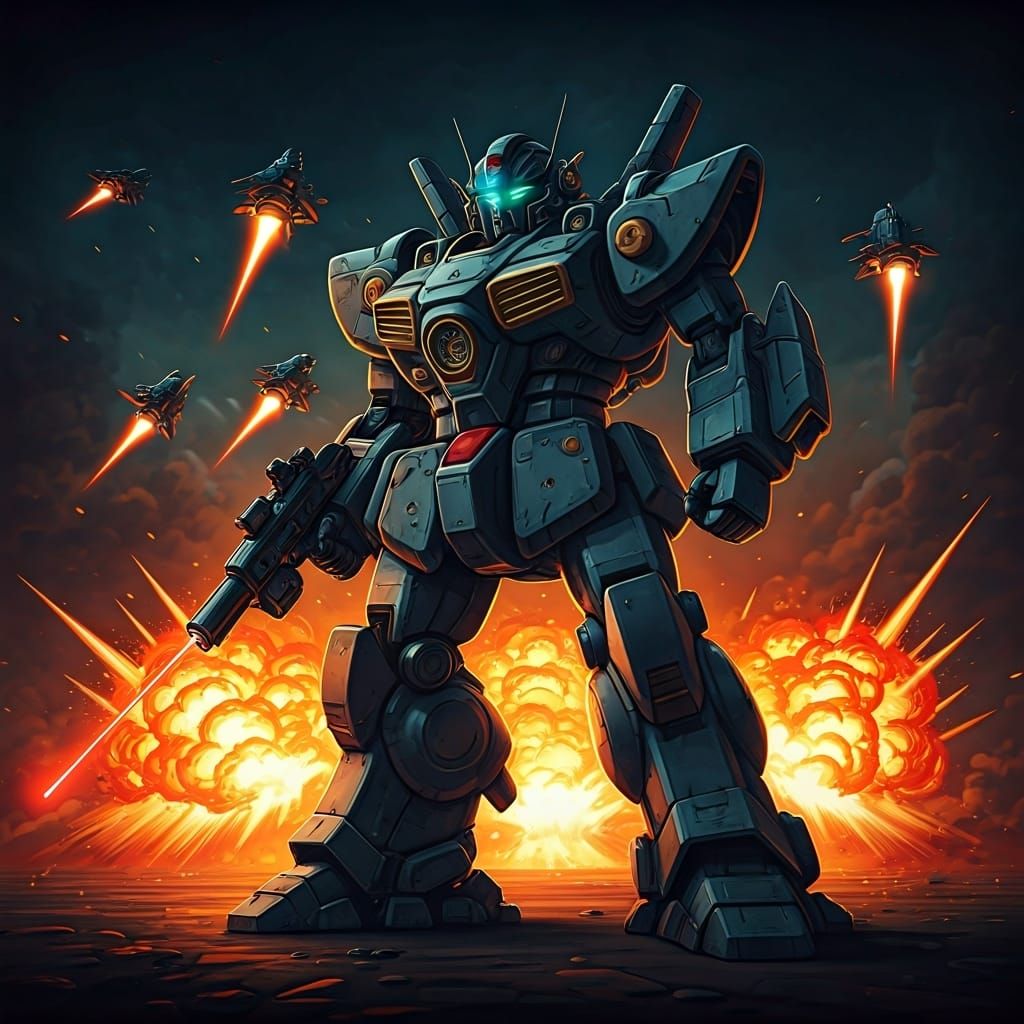 Retrofuturistic Battle Android in Explosive Scene