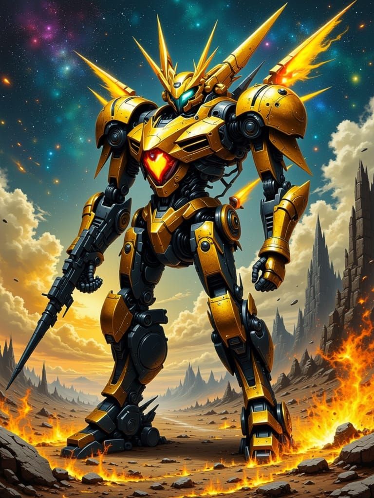 Burning Gundam Mecha with Kintsugi in Oil Painting Style