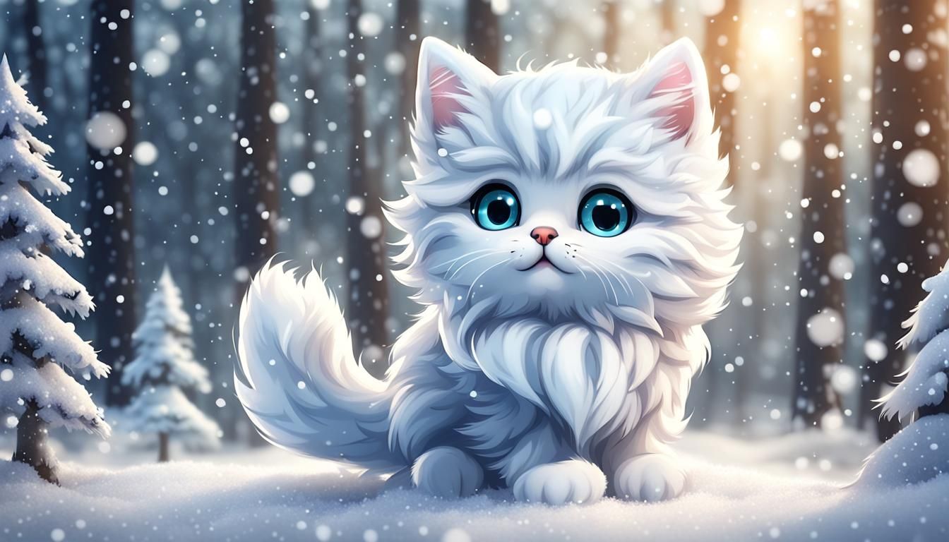 a chibi kitten with snow in winter woods. It's snowing chibi kitten has snow on its fur. Photorealistic hyperdetailed ma...