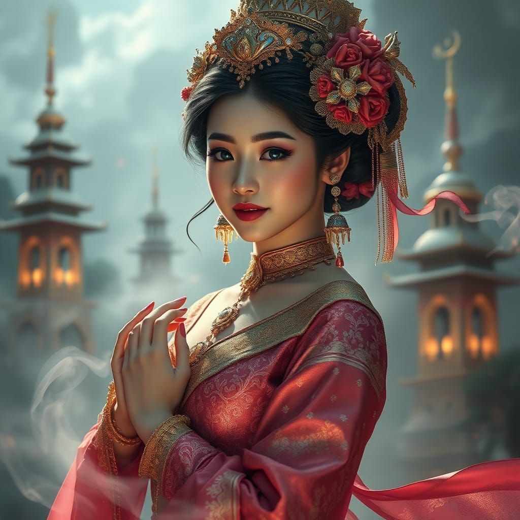 Woman in Baba-Nyonya Costume with Silver & Gold Smoke