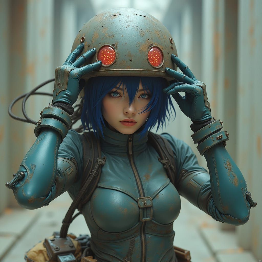 Motoko Kusanagi in Cyberpunk Combat Gear, Neopunk Architectu...