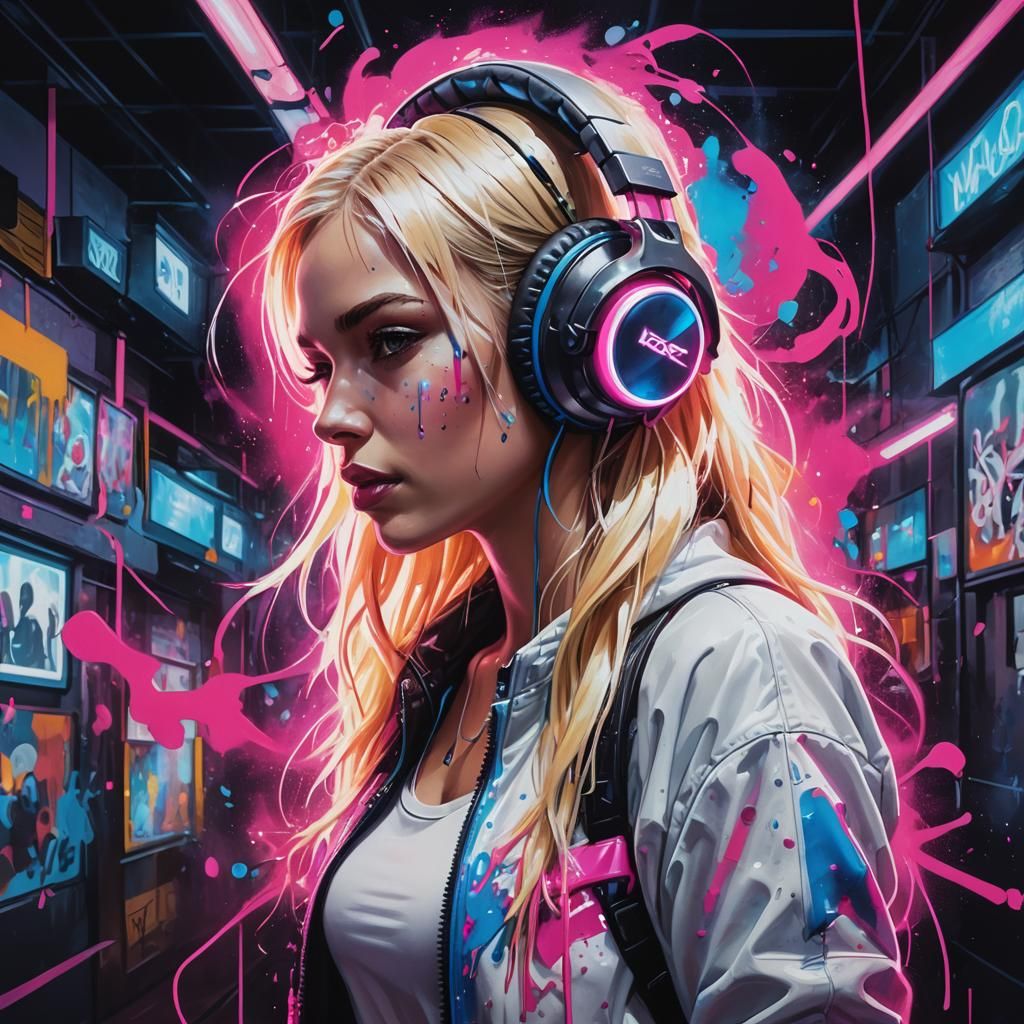Girl with Glowing Headphones in Neon Graffiti Club