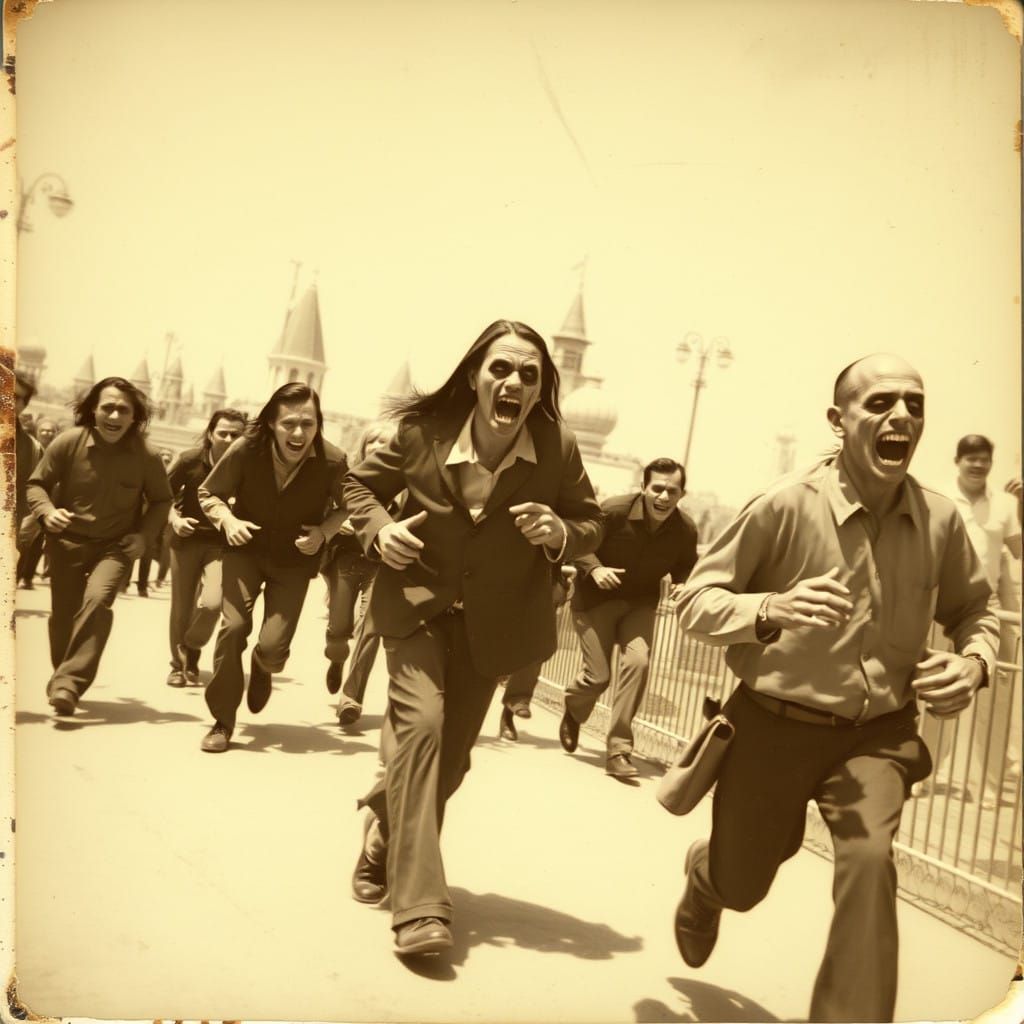 Deteriorated Polaroid of Zombies Fleeing Disneyland