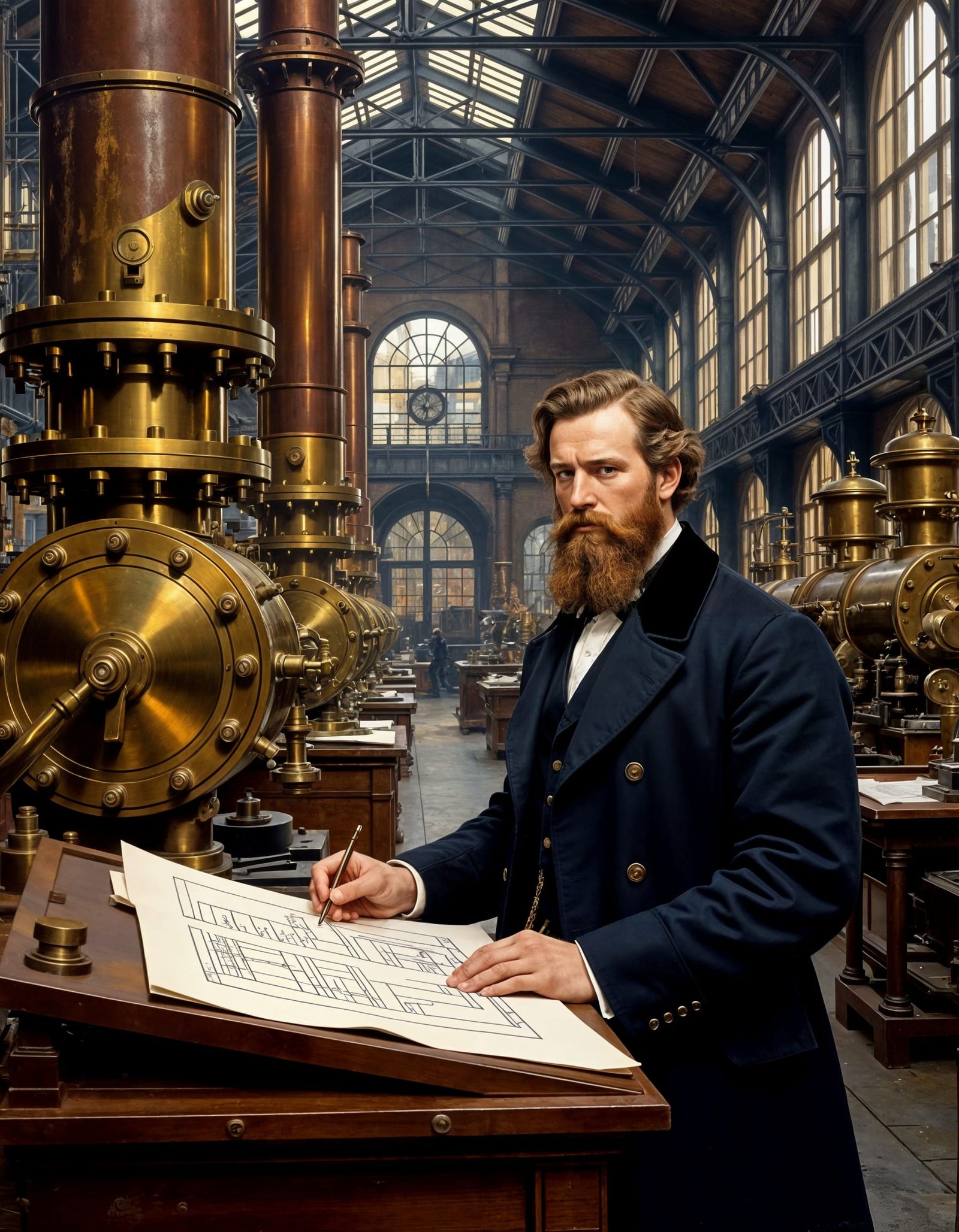 Victorian Engineer in Grand Industrial Workshop, Pre-Raphael...