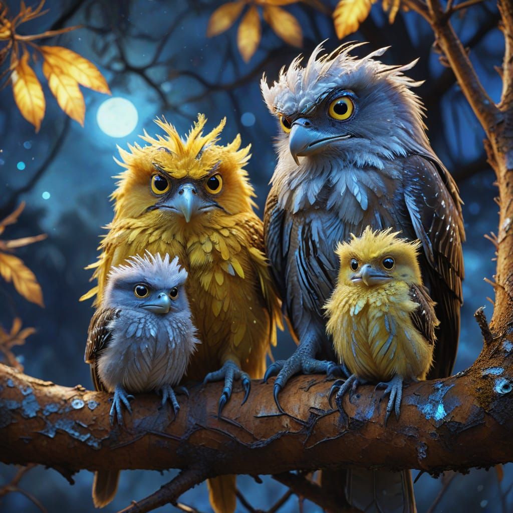 Tawny Frogmouth Family in Vibrant Fauvist Style