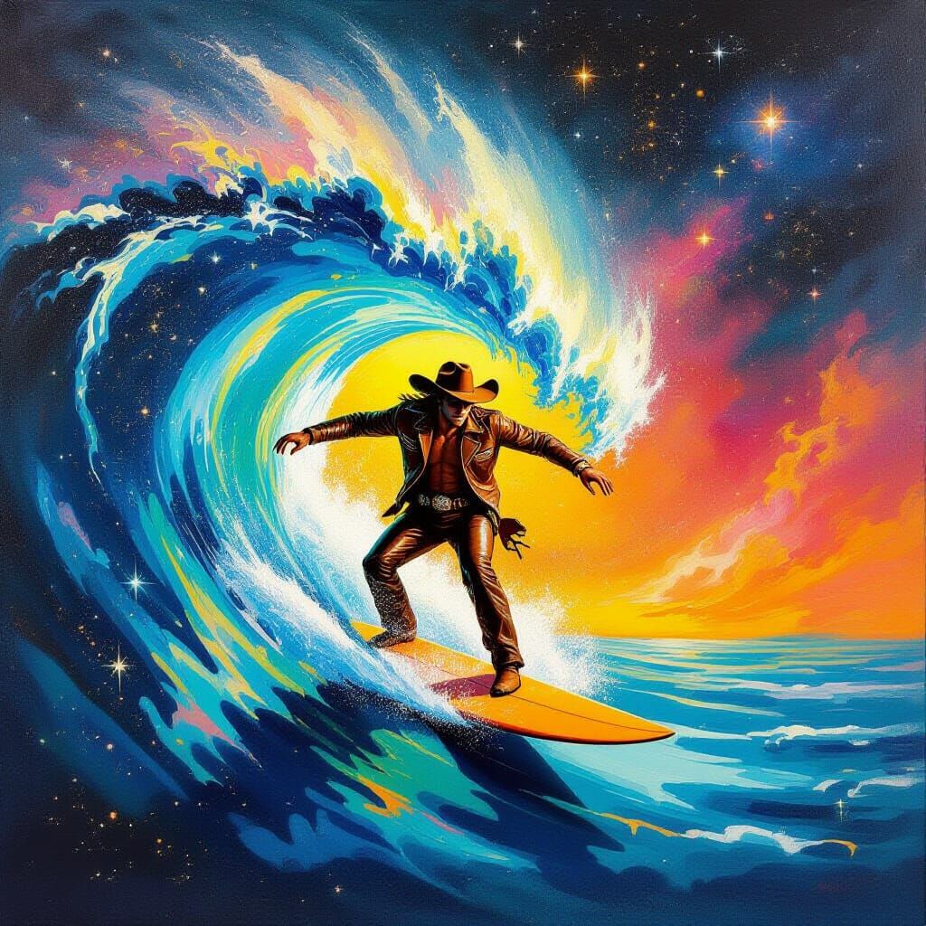 Cosmic Cowboy Surfer Rides a Wave in Space