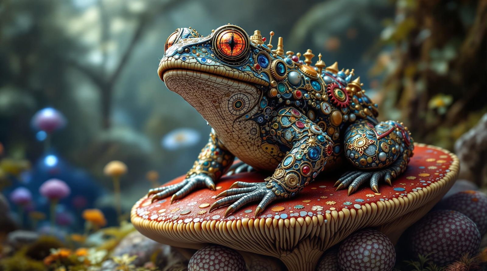 Steampunk Toad on a Vibrant Toadstool