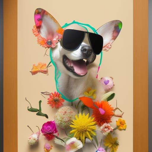 Hyperdetailed Flower Dog Mixed Media Collage