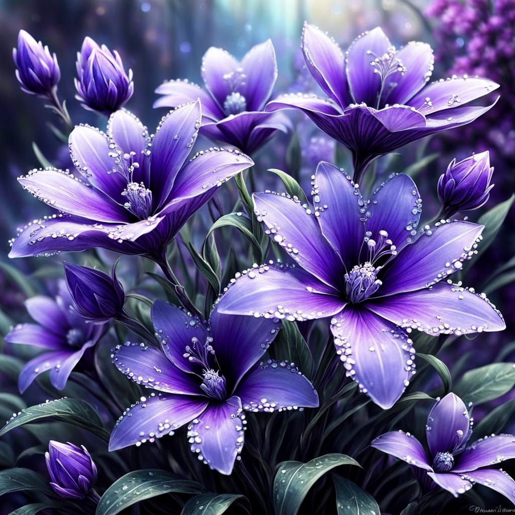 Exquisite Crystalline Purple Flowers in Fantasy Style