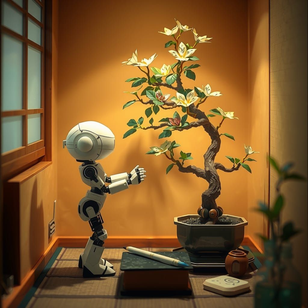 Origami Robot Pruning Bonsai Tree in Tokyo