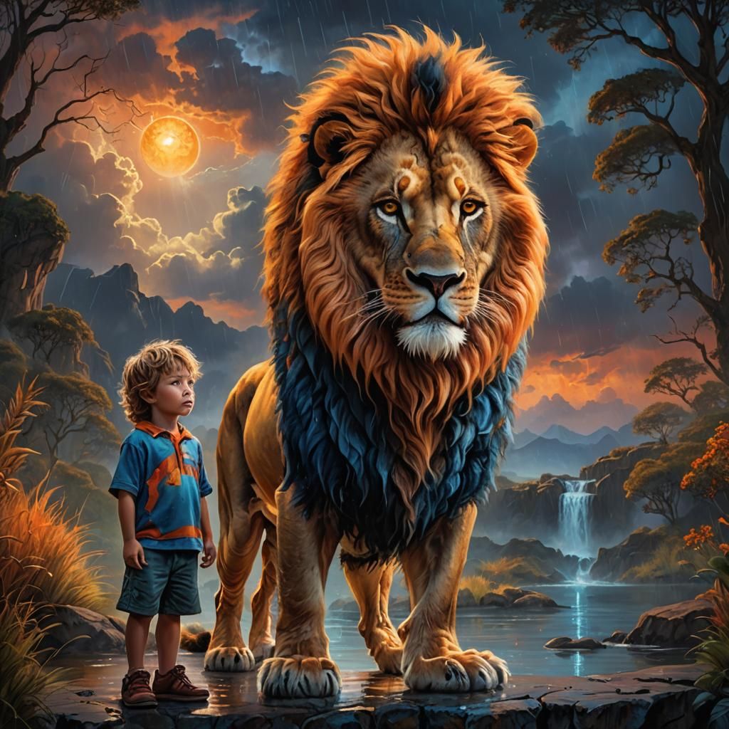 Child and Lion on Rainy Night: Oil Painting