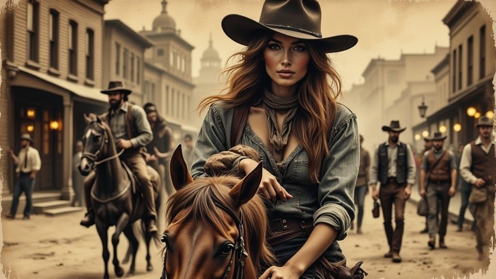 Gritty Frontier Woman in Old West Town at Golden Hour