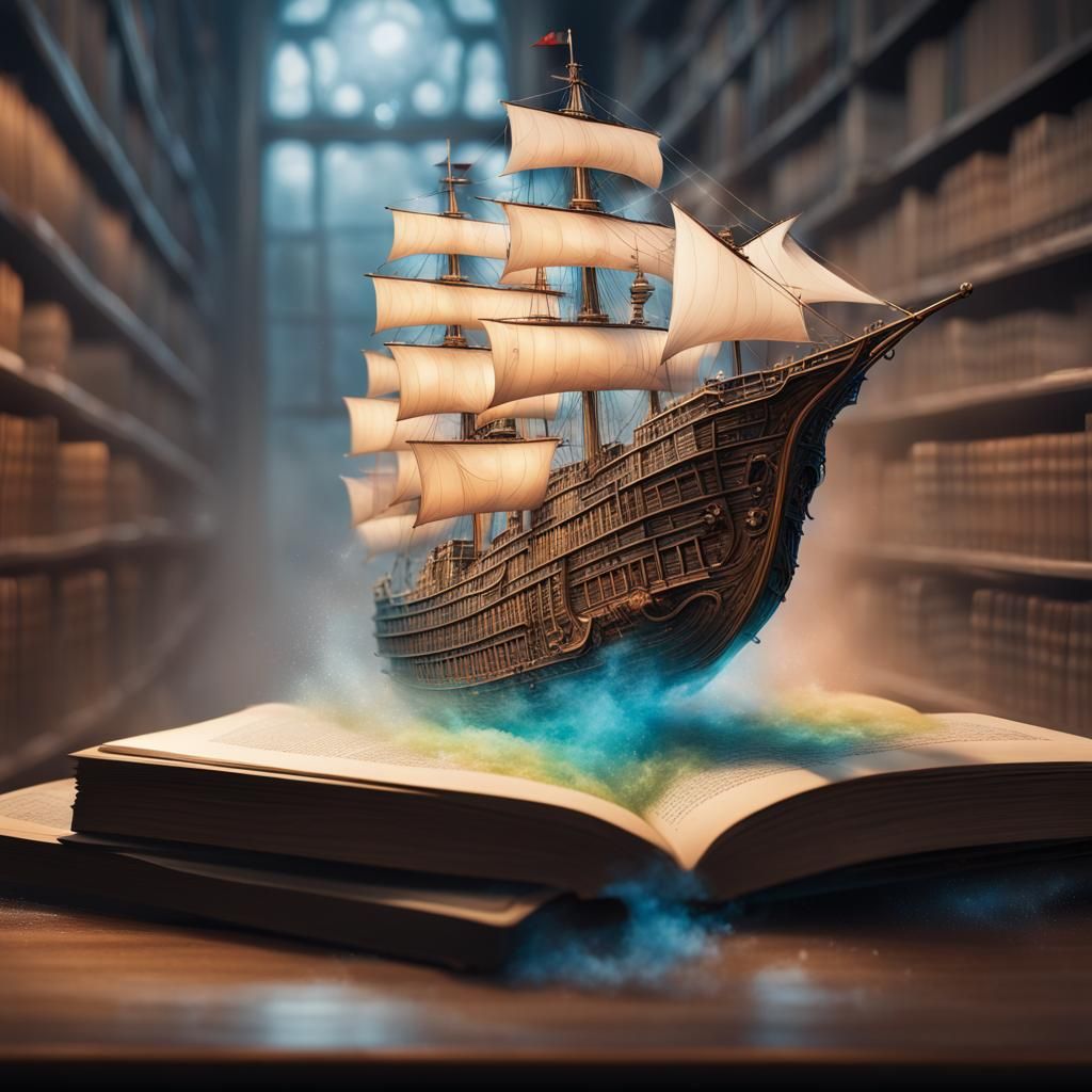 Hyperrealistic Ship Emerges from Book in Library