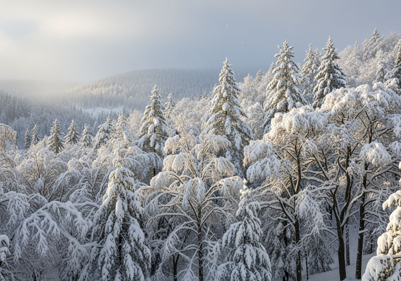 Snow-Covered Forest Landscape with Sunlight Glare