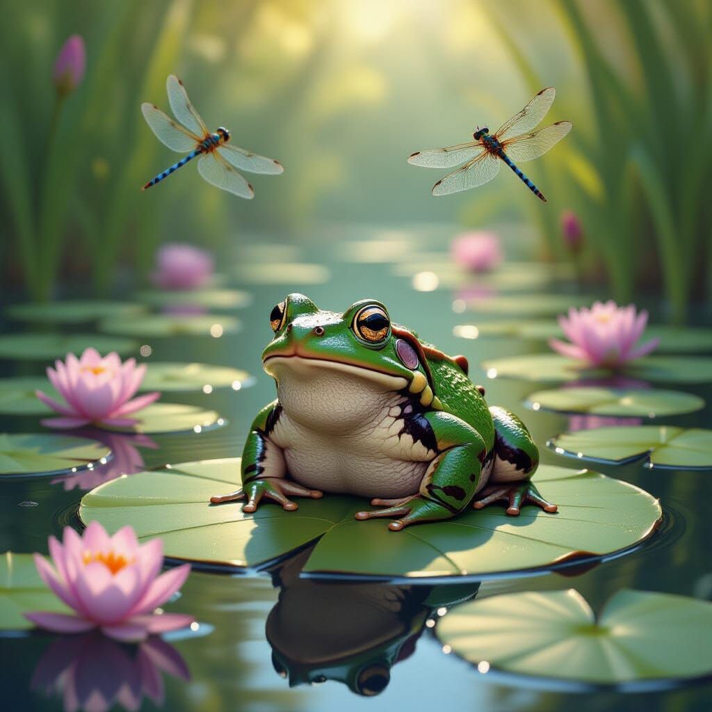 Plump Toad on Lilypad in Serene Pond
