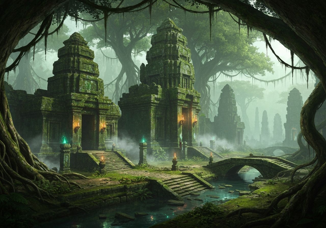 Ancient Jungle City Ruins with Bioluminescent Glyphs