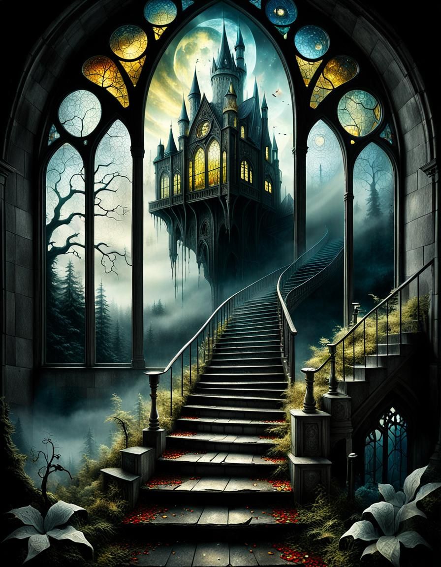 Mystic Stained Glass Window to Misty Forest