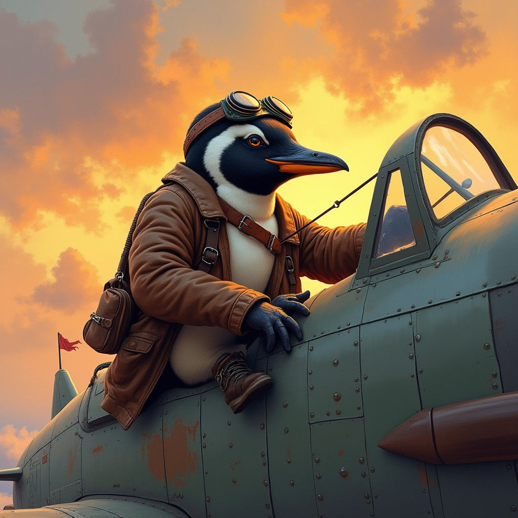 Penguin Pilot Soaring Through Sunset Sky in Fighter Plane