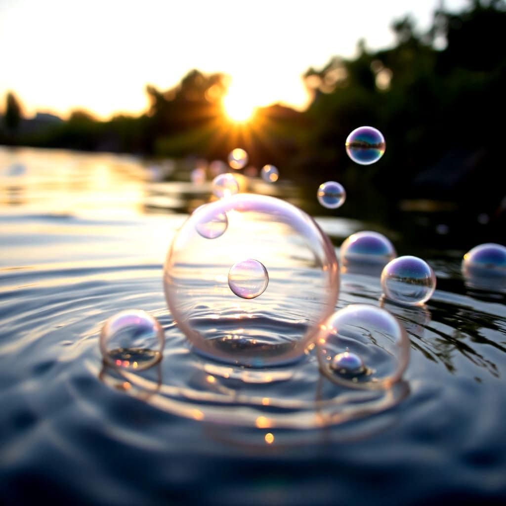 Iridescent Pastel Bubbles Floating on Water