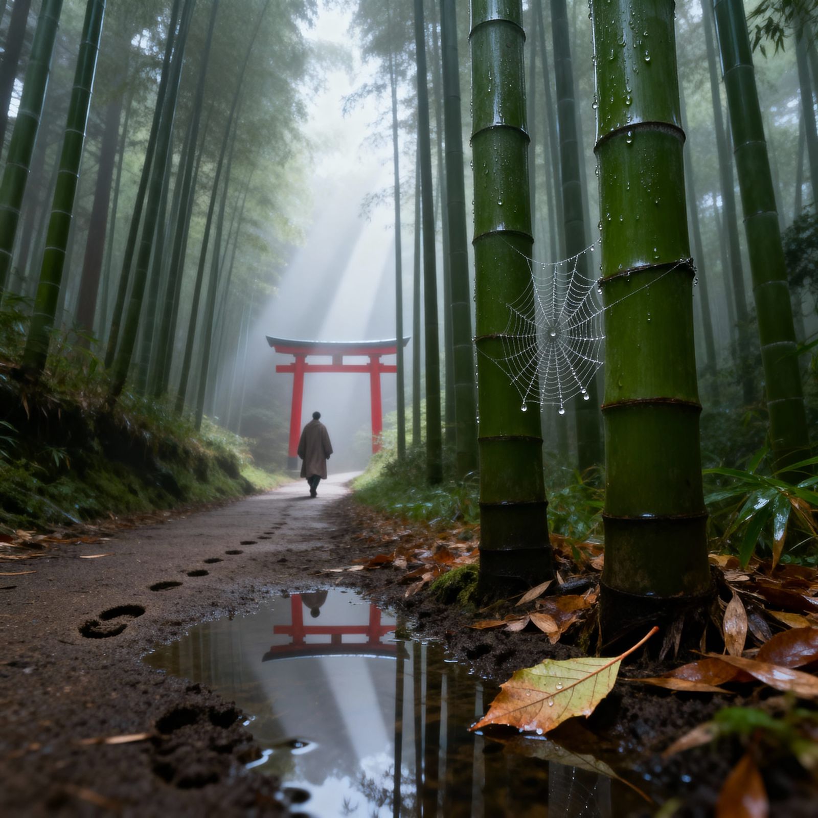 Misty Bamboo Forest Path with Torii Gate