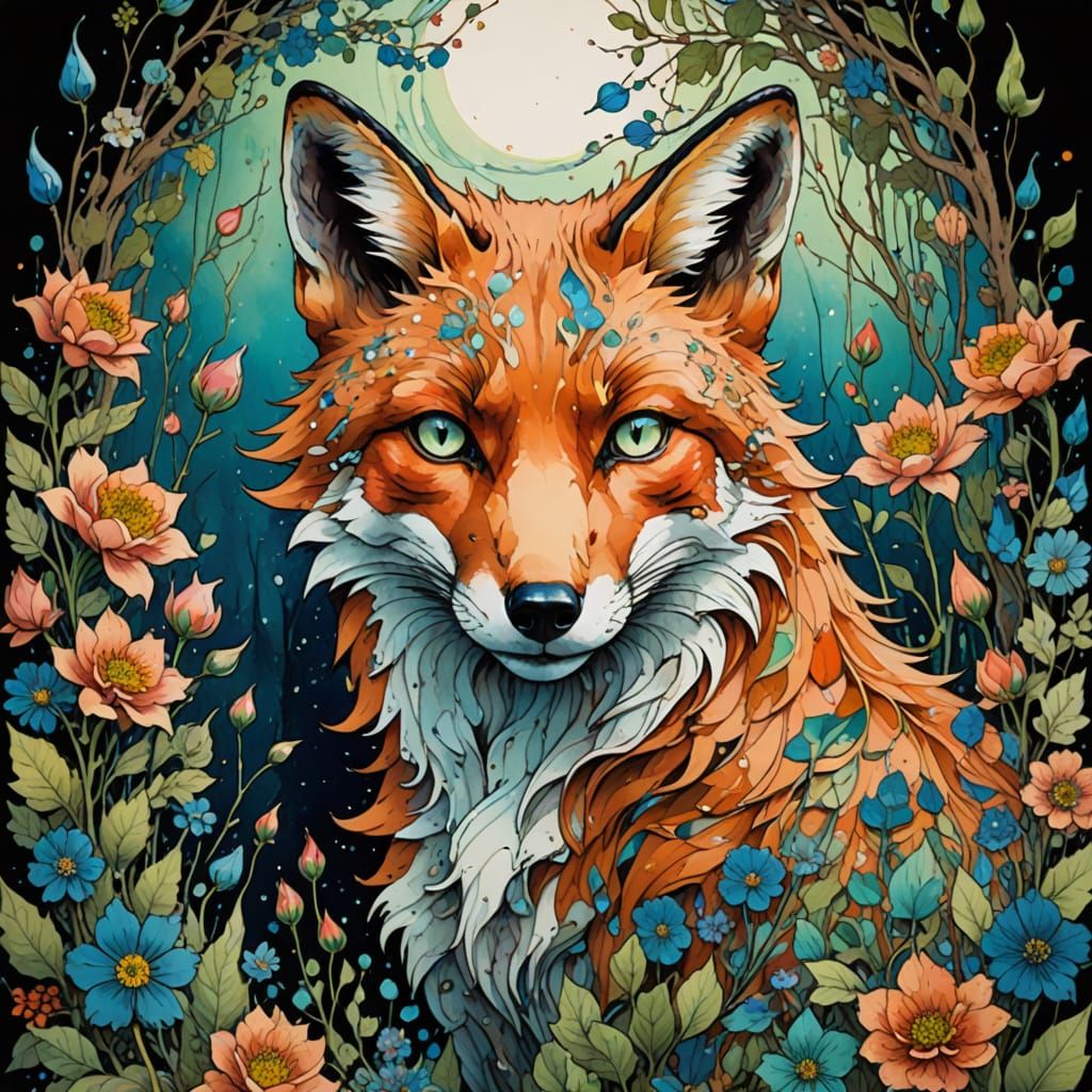 Fox in Vibrant Floral Wonderland with Luminous Colors