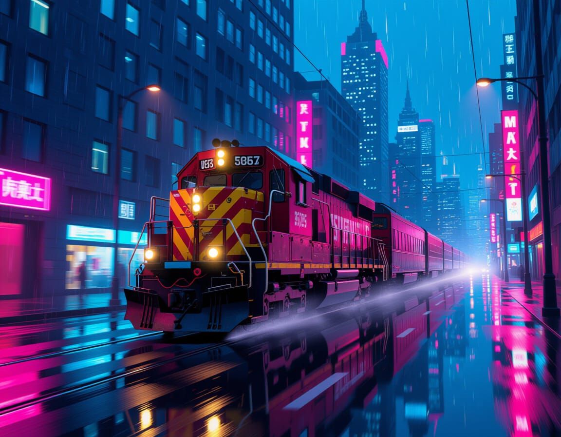 Diesel Locomotive Speeds Through Rainy Cyberpunk Cityscape