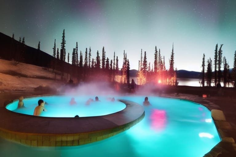 Night Hot Springs Resort with Northern Lights Painting