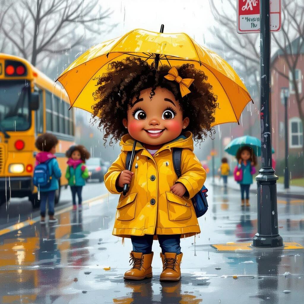 Happy Girl at Rainy Bus Stop in Graffiti Style