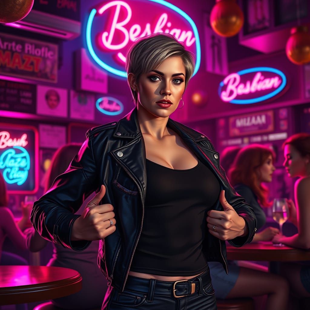 Confident Woman Reveals Herself in Bustling Lesbian Bar