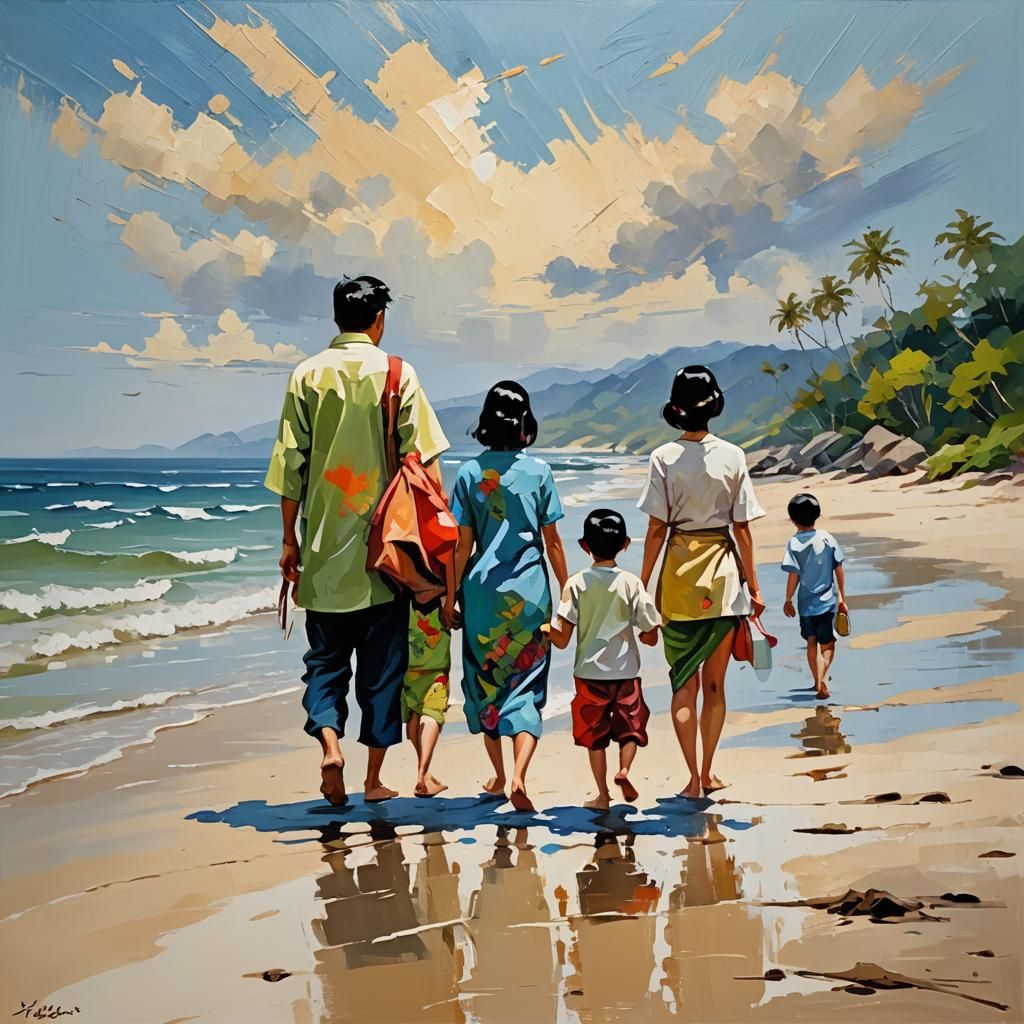 Asian Family on Beach: Impressionistic Oil Painting
