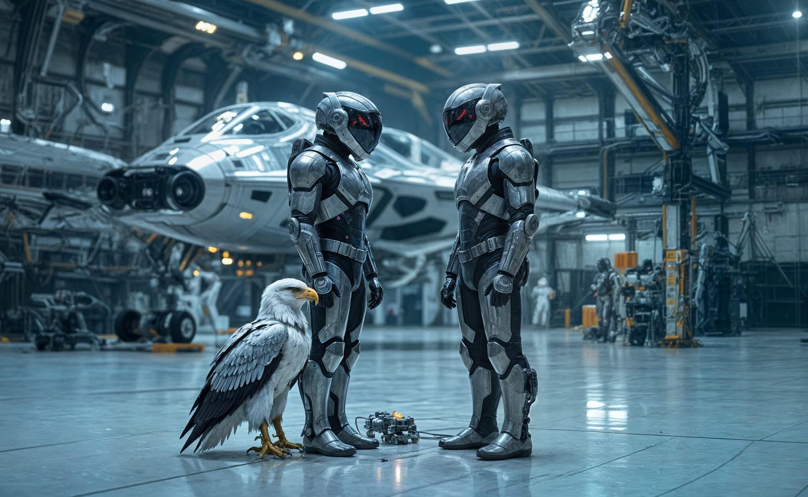 Futuristic Spacesuit and Cybernetic Eagle Inspect Spaceship