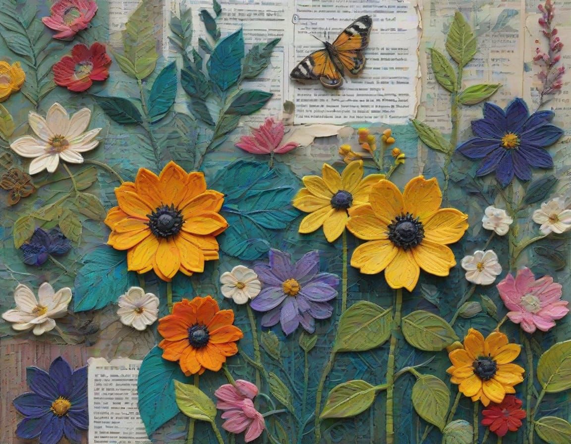 Mixed media collage including newspaper, embroidery and impasto paint of a formal garden