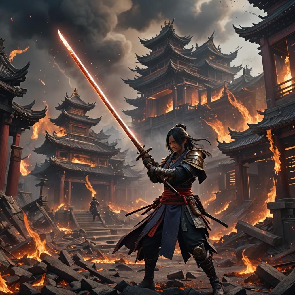 Katana Rising: Detailed Matte Painting in Deep Color