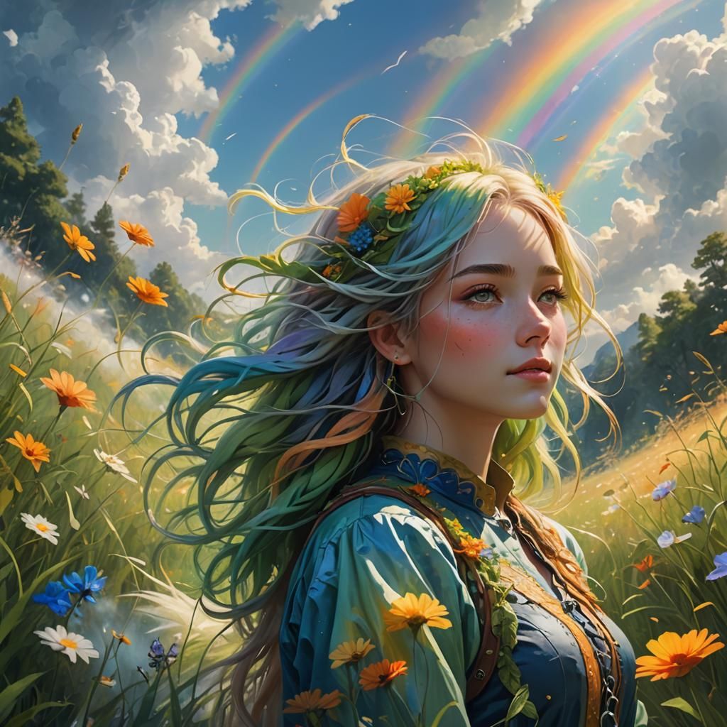 Pastel Girl in Lush Meadow: Dreamy Concept Art