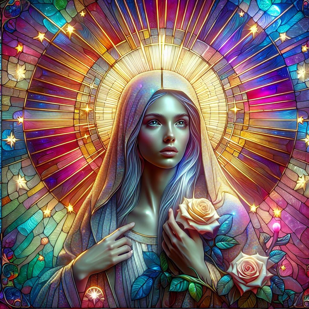 Stained Glass Religious Female Figure with Halo