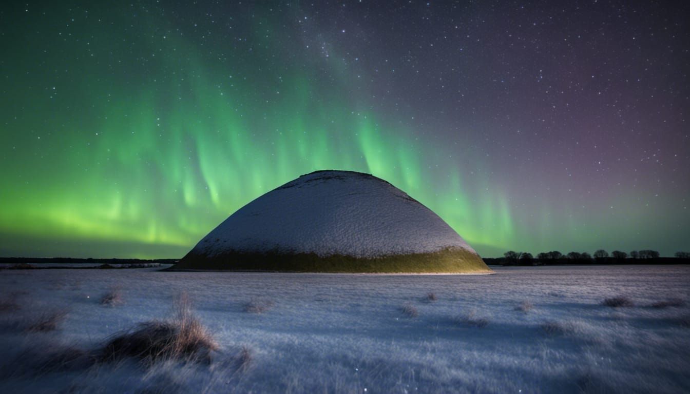 Silbury Hill Under Aurora with Shooting Stars