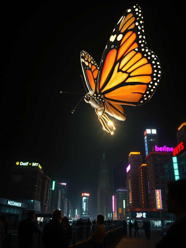 Crystalline Monarch Butterfly Over Neon Cityscape